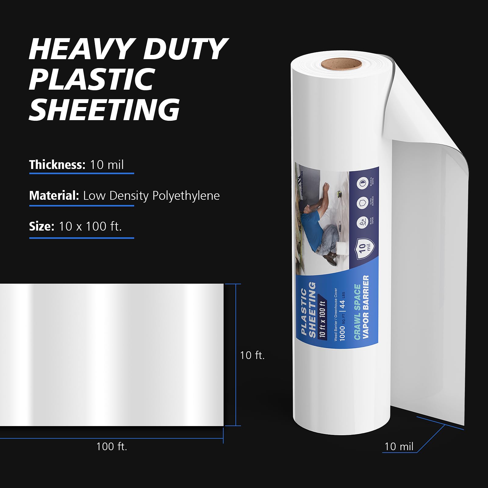 10 Mil Crawl Space Vapor Barrier – Pure Guardian™ – 10' X 100' Roll, 1000 Sq Ft – Heavy-Duty Polyethylene